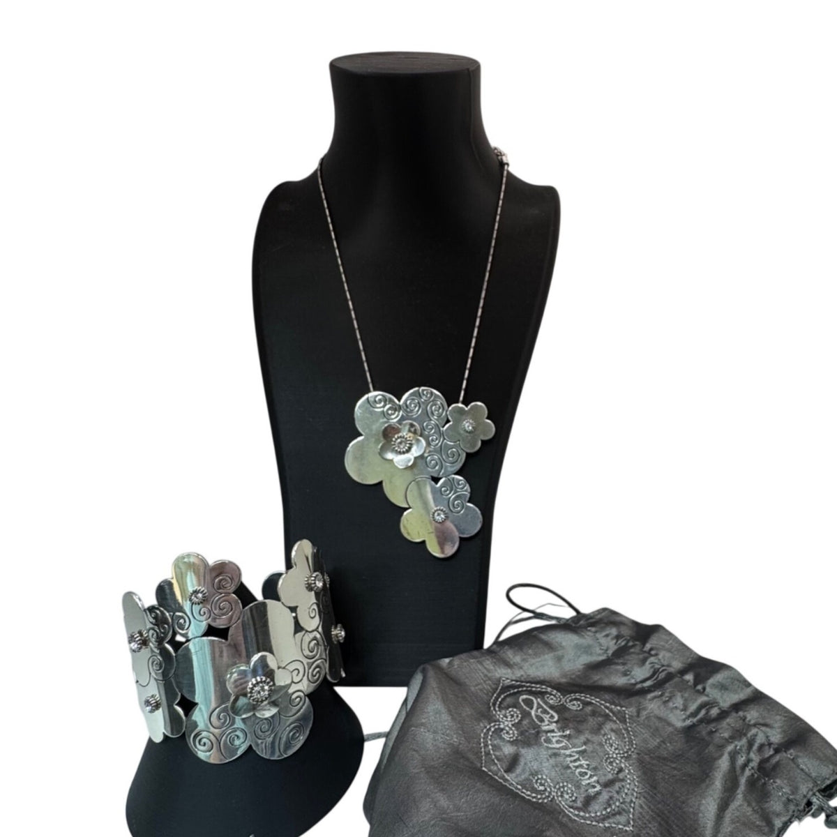 Brighton Florenza Necklace Braclet Cuff Set Silver Floral Jewelry Set With Pouch