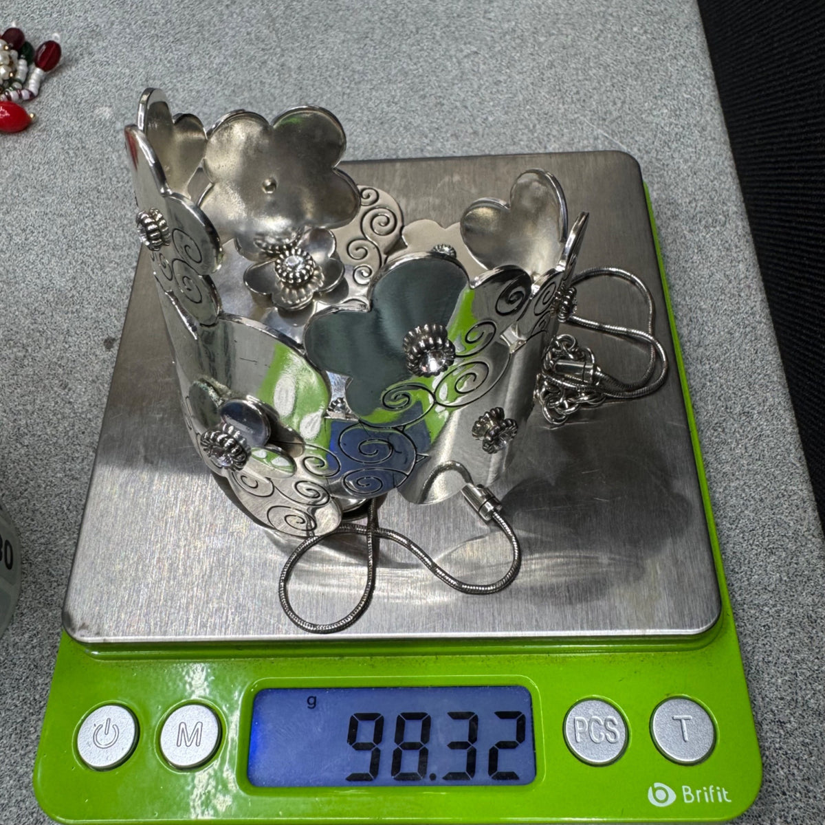 Brighton Florenza Necklace Braclet Cuff Set Silver Floral Jewelry Set With Pouch