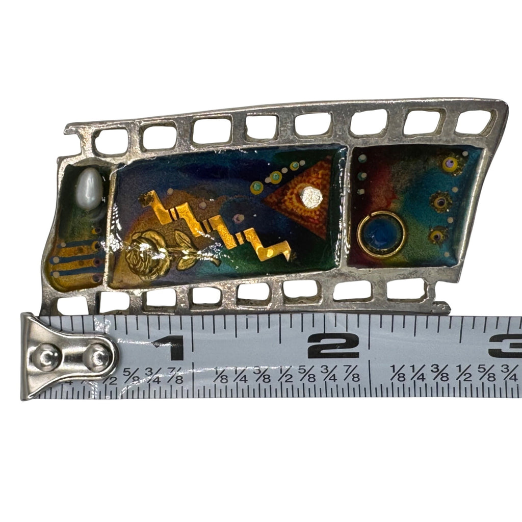 Vintage Yossi Steinberg Israel Abstract Pin Brooch Movie Reel Film Strip Enamel