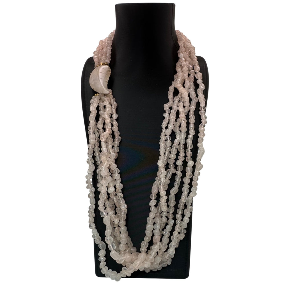 Vtg Multi-Strand Rose Quartz Beaded Necklace Carved Leaf Clasp 10K Gold Filled