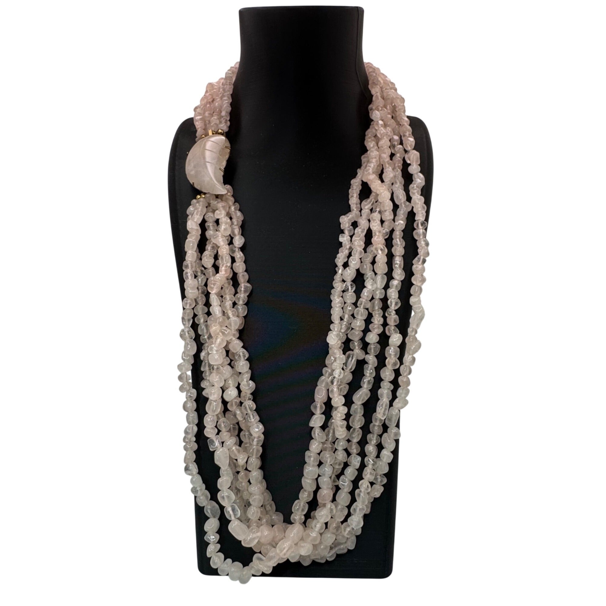 Vtg Multi-Strand Rose Quartz Beaded Necklace Carved Leaf Clasp 10K Gold Filled
