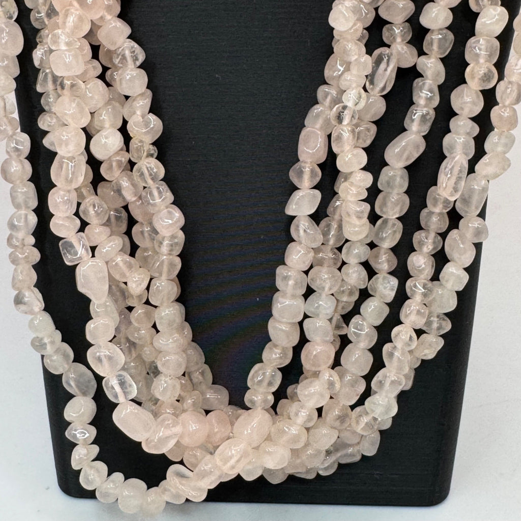 Vtg Multi-Strand Rose Quartz Beaded Necklace Carved Leaf Clasp 10K Gold Filled