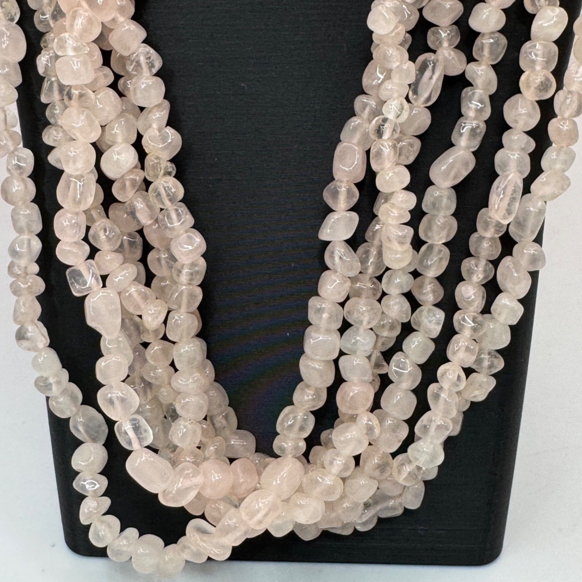 Vtg Multi-Strand Rose Quartz Beaded Necklace Carved Leaf Clasp 10K Gold Filled