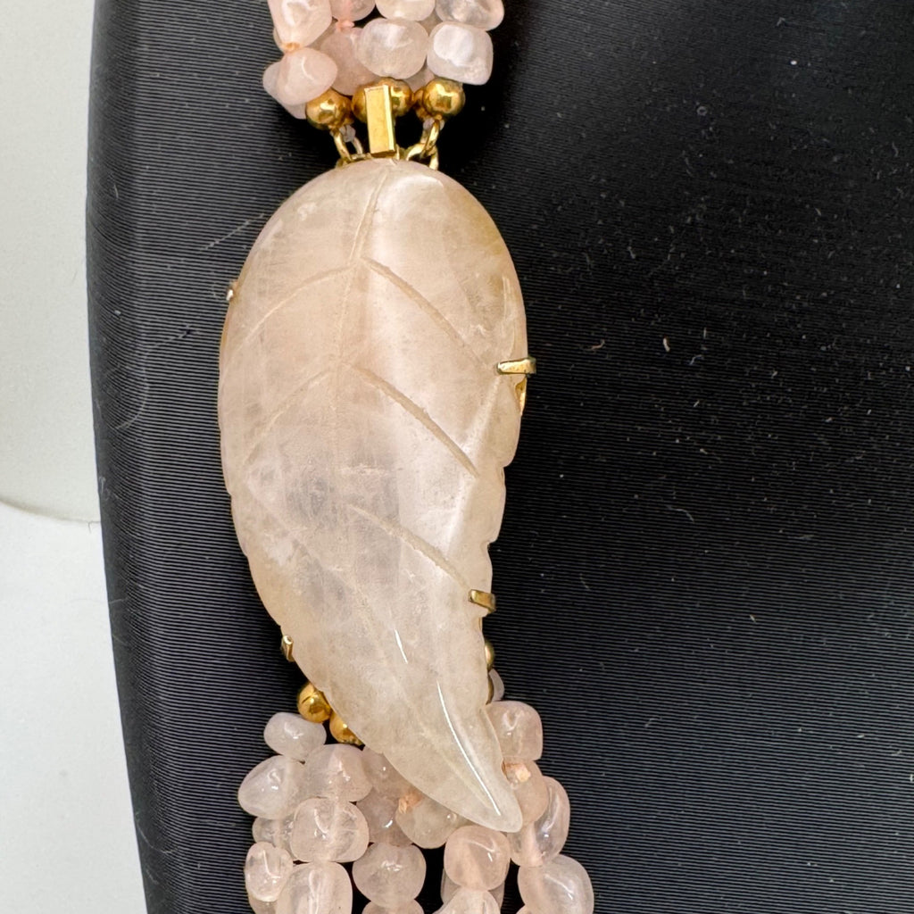 Vtg Multi-Strand Rose Quartz Beaded Necklace Carved Leaf Clasp 10K Gold Filled
