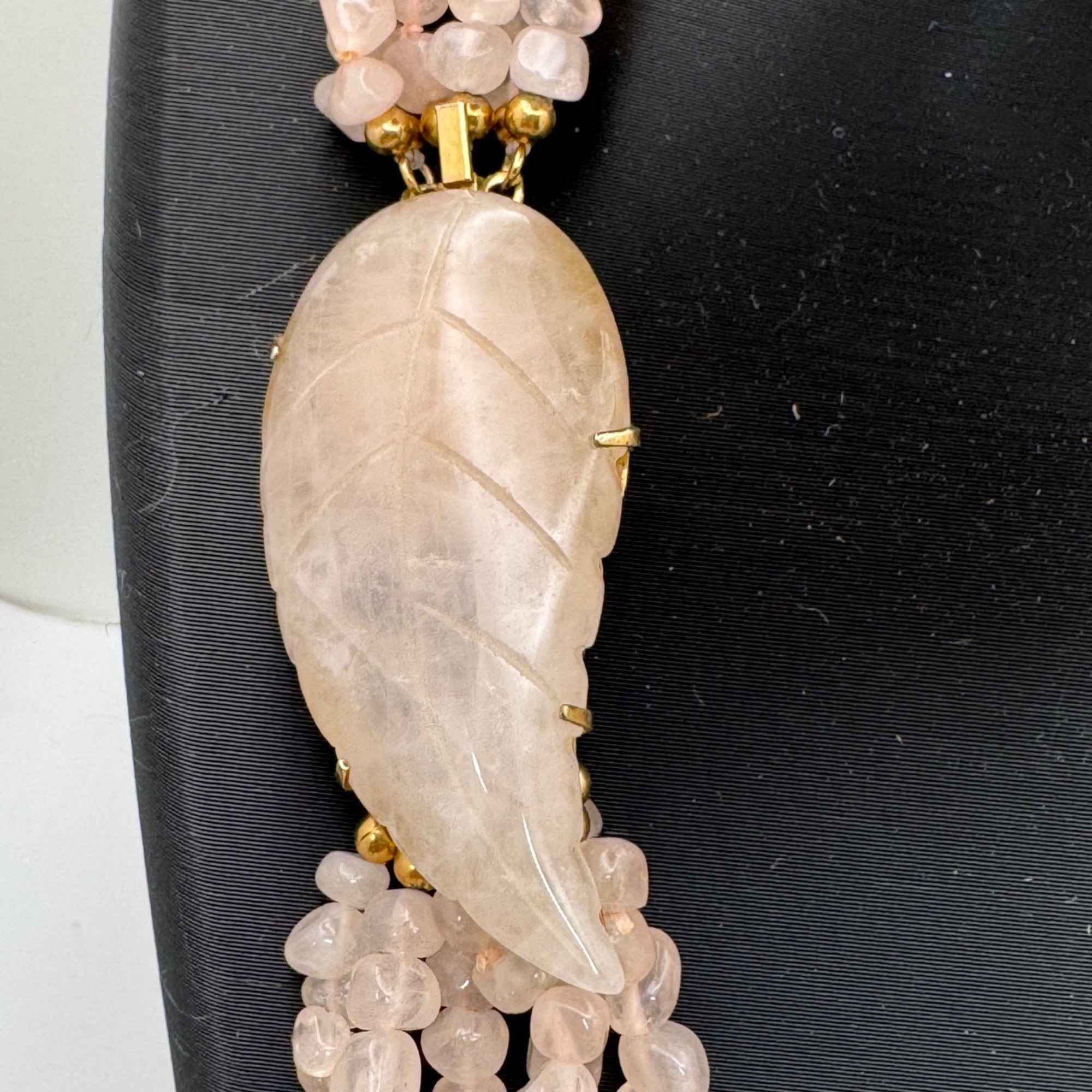 Vtg Multi-Strand Rose Quartz Beaded Necklace Carved Leaf Clasp 10K Gold Filled