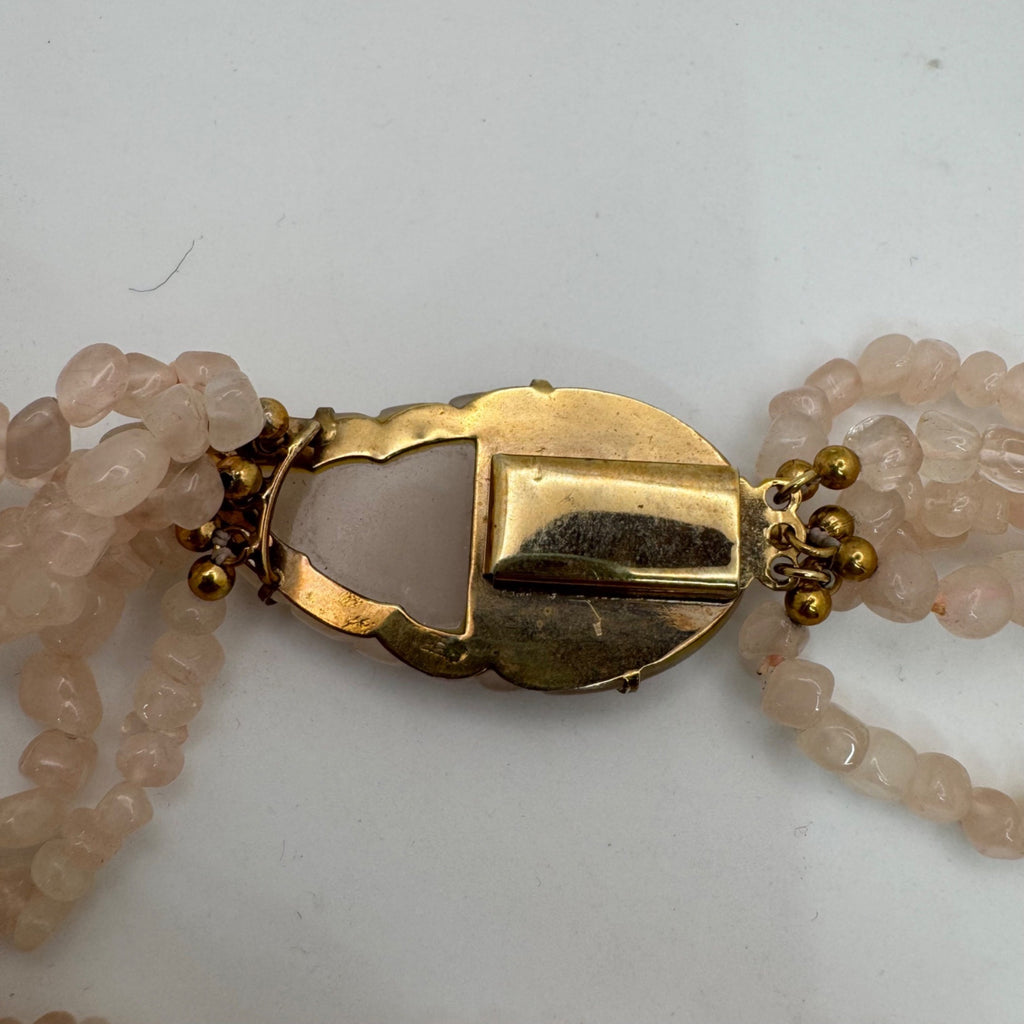 Vtg Multi-Strand Rose Quartz Beaded Necklace Carved Leaf Clasp 10K Gold Filled