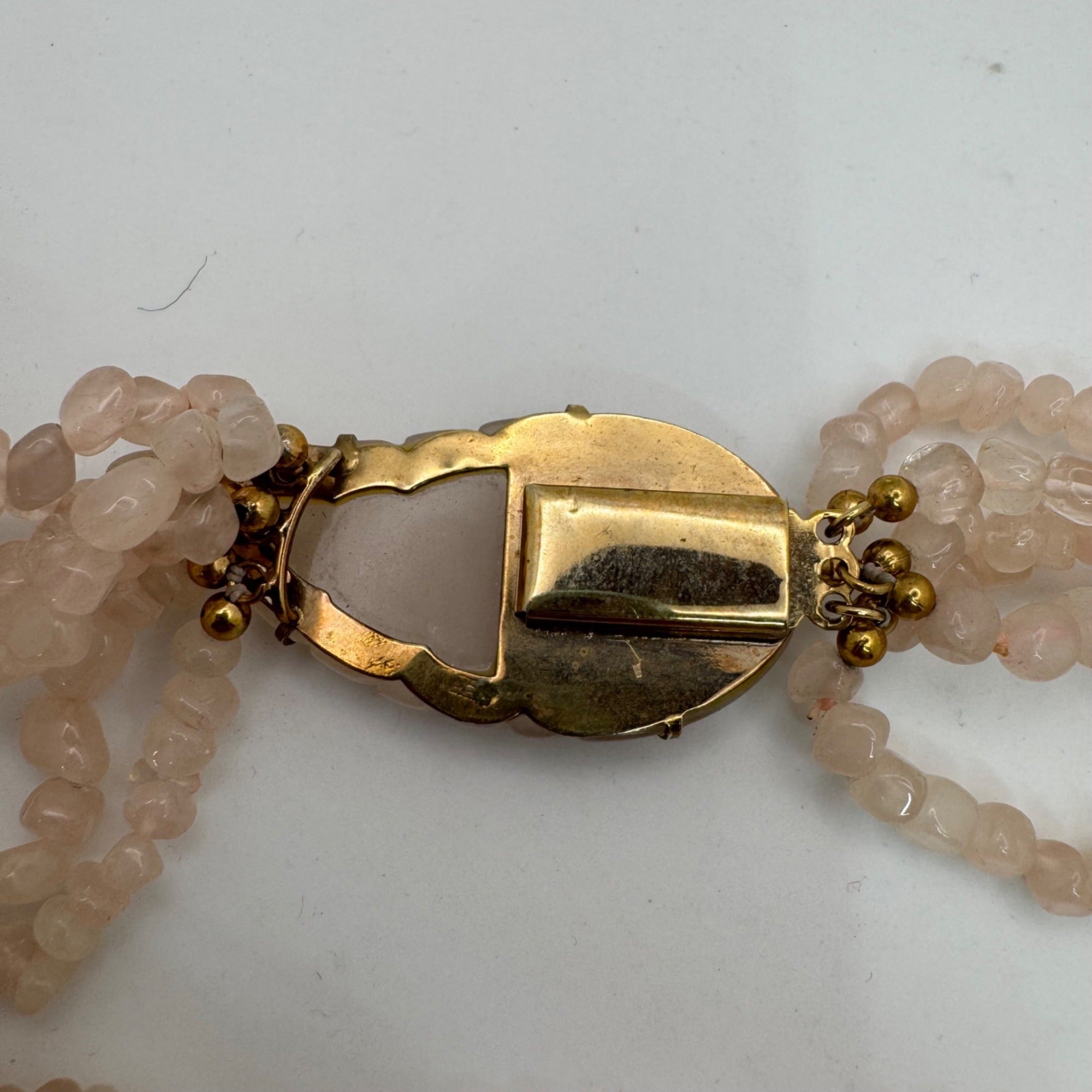 Vtg Multi-Strand Rose Quartz Beaded Necklace Carved Leaf Clasp 10K Gold Filled
