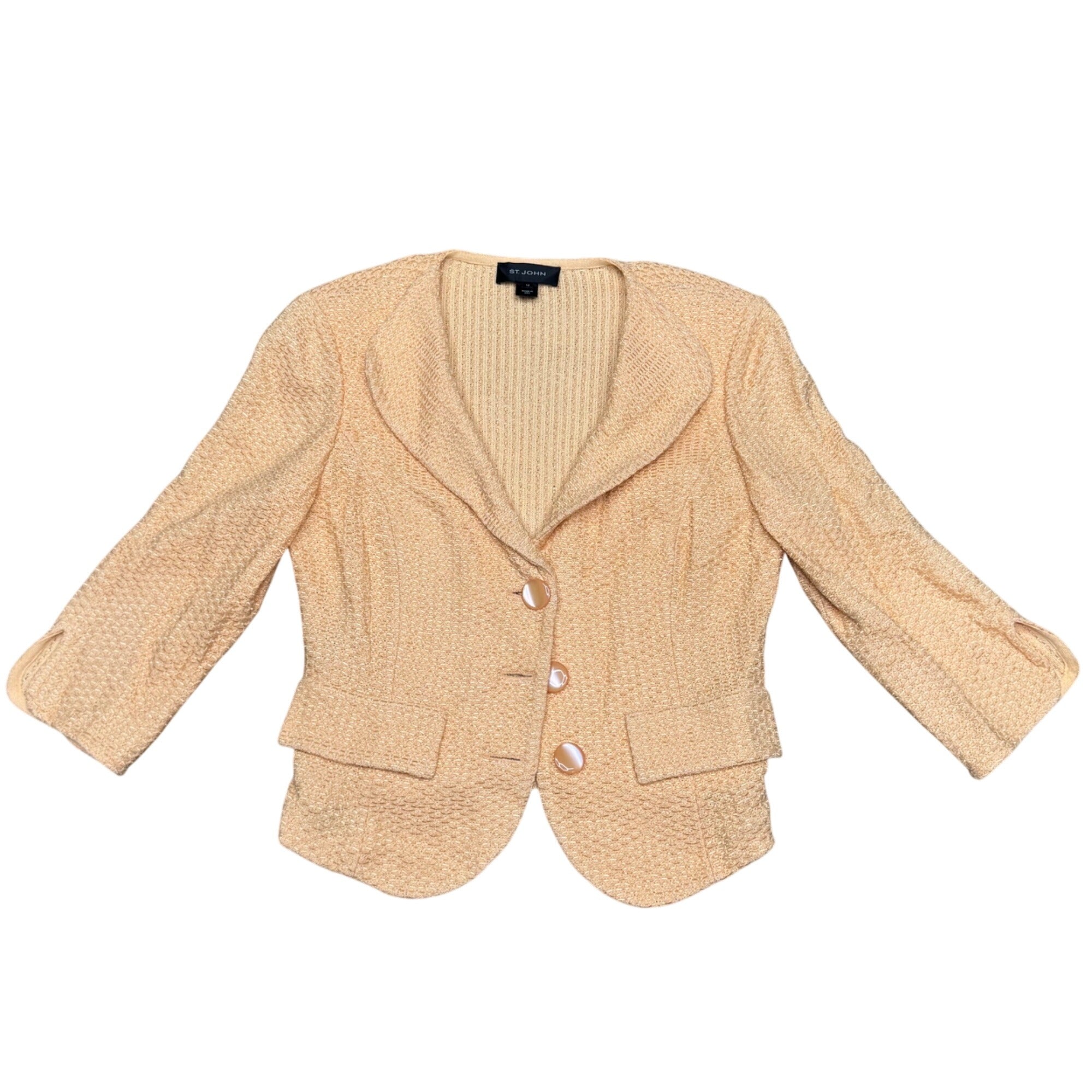 St. John Peach Orange Textured Knit Blazer Jacket Size 12 3/4 Sleeves Button USA