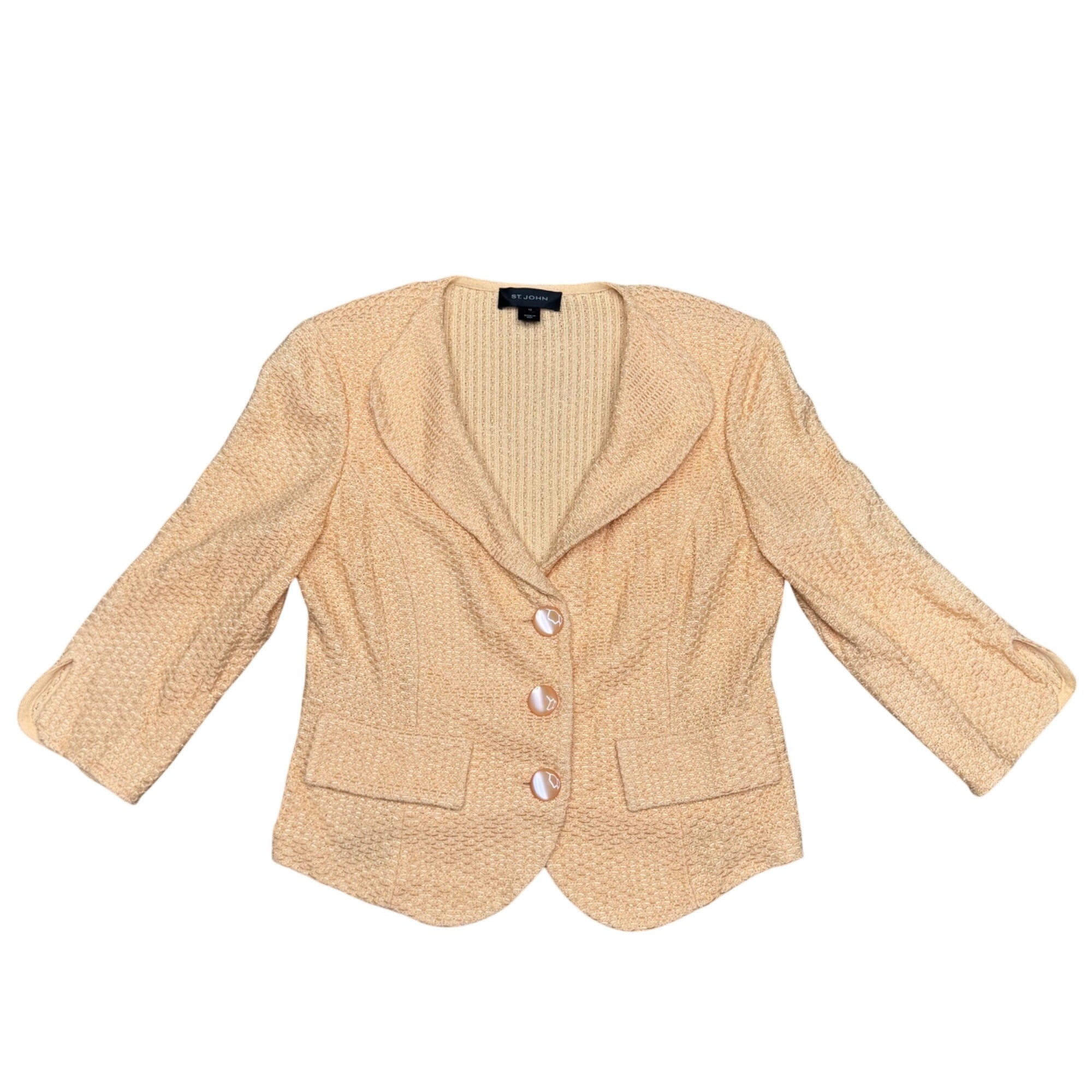 St. John Peach Orange Textured Knit Blazer Jacket Size 12 3/4 Sleeves Button USA