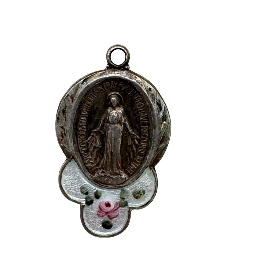Guilloche Mary Miraculous Pendant Vtg Sterling Silver Blue Enamel Rose Virgin