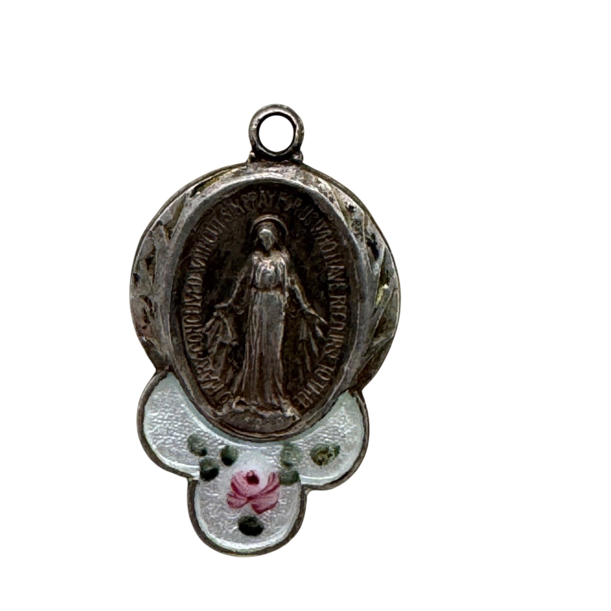 Guilloche Mary Miraculous Pendant Vtg Sterling Silver Blue Enamel Rose Virgin