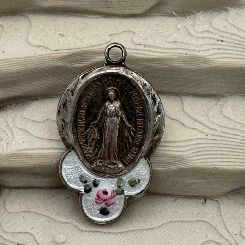 Guilloche Mary Miraculous Pendant Vtg Sterling Silver Blue Enamel Rose Virgin