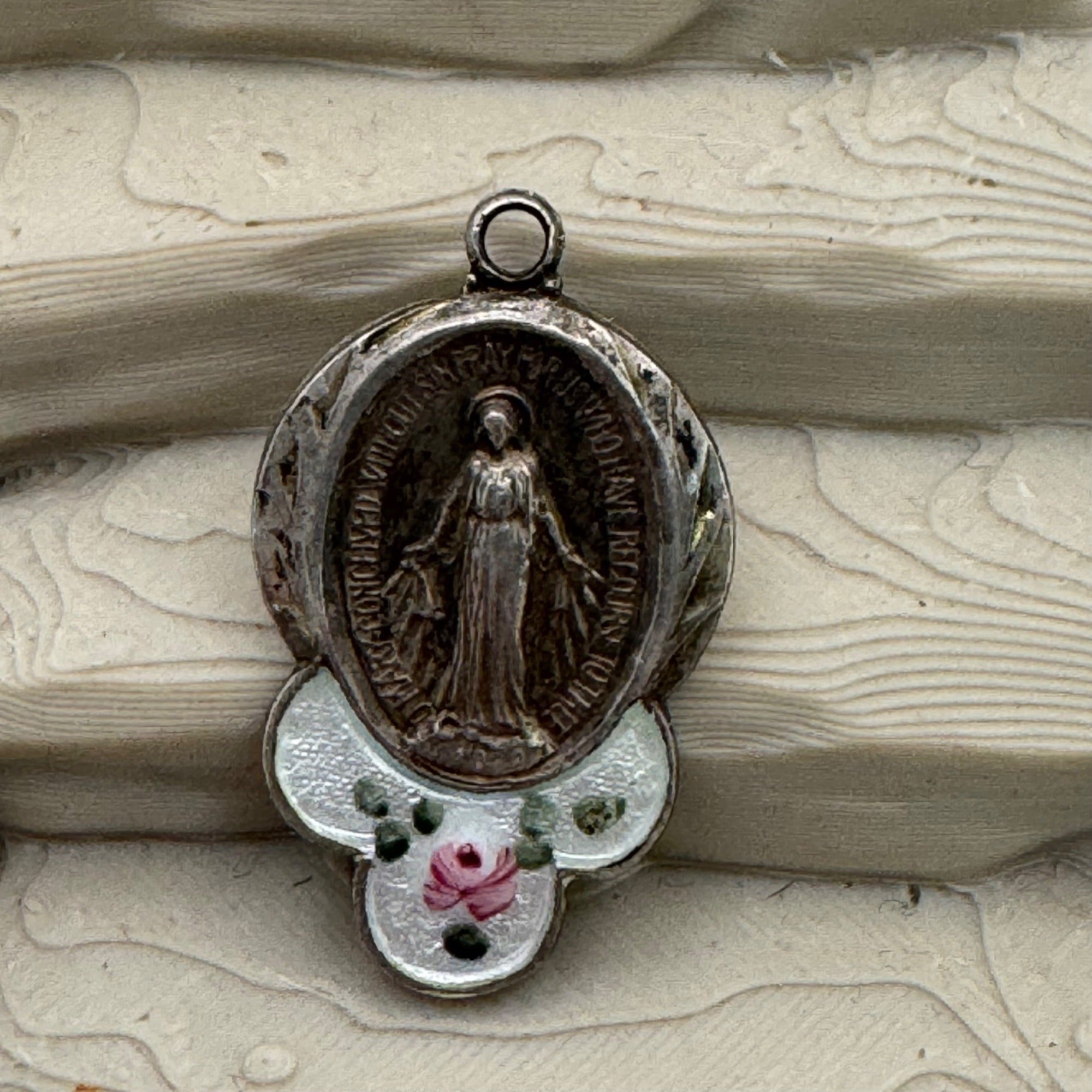 Guilloche Mary Miraculous Pendant Vtg Sterling Silver Blue Enamel Rose Virgin