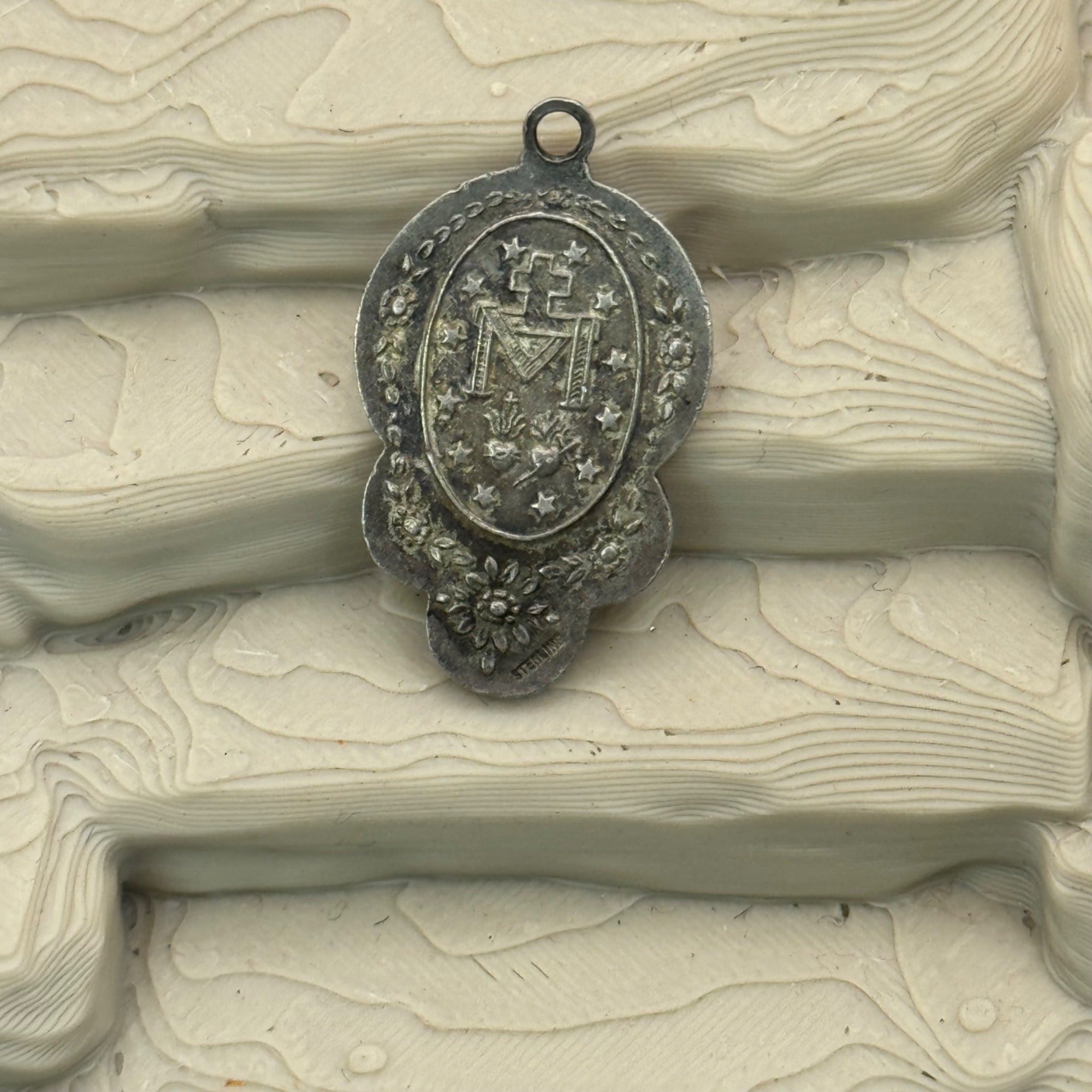 Guilloche Mary Miraculous Pendant Vtg Sterling Silver Blue Enamel Rose Virgin