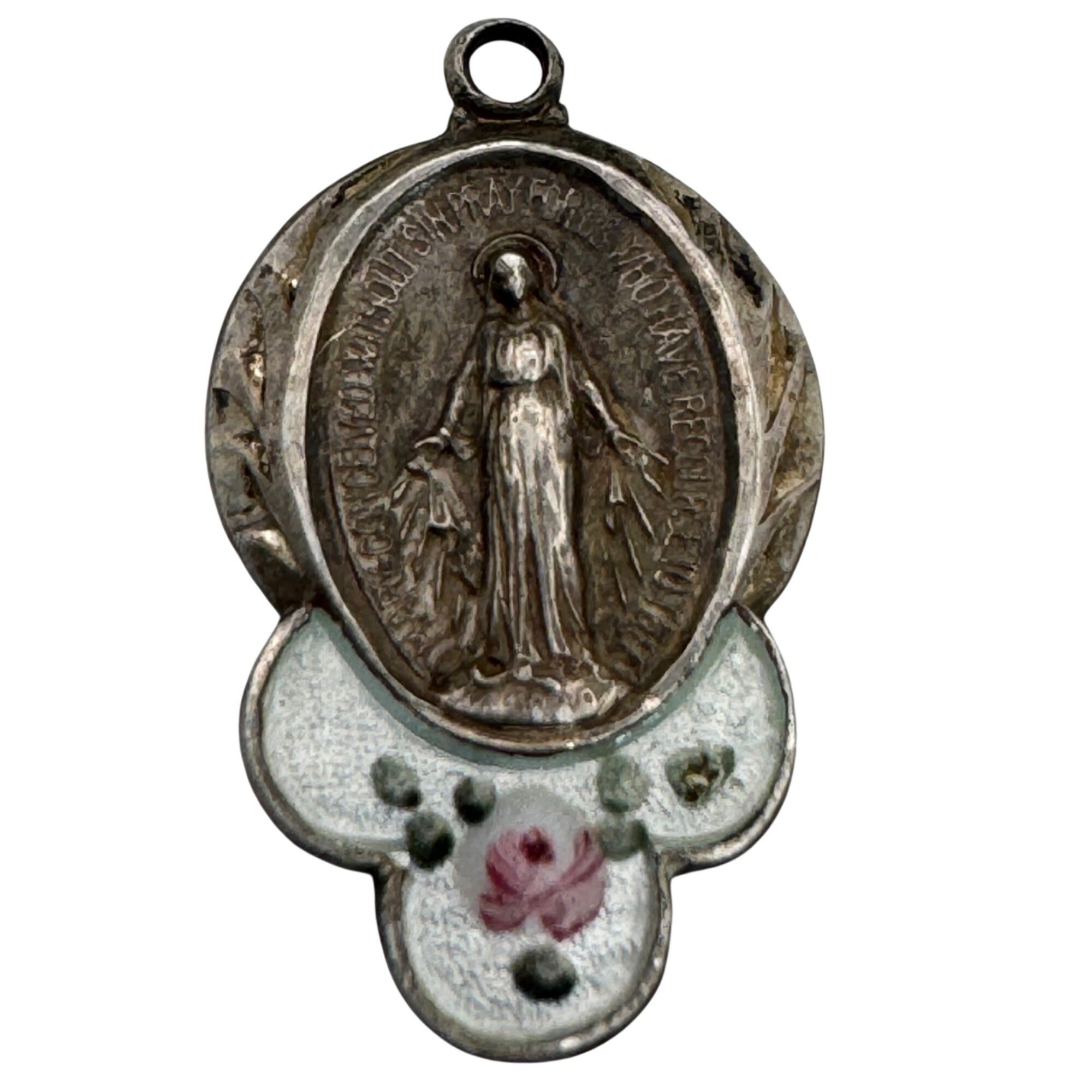 Guilloche Mary Miraculous Pendant Vtg Sterling Silver Blue Enamel Rose Virgin