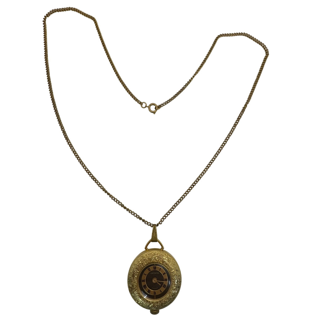 Vtg CustOmTime Pendant Necklace Watch 34mm Brown Dial Gold Tone Manual Wind 24"