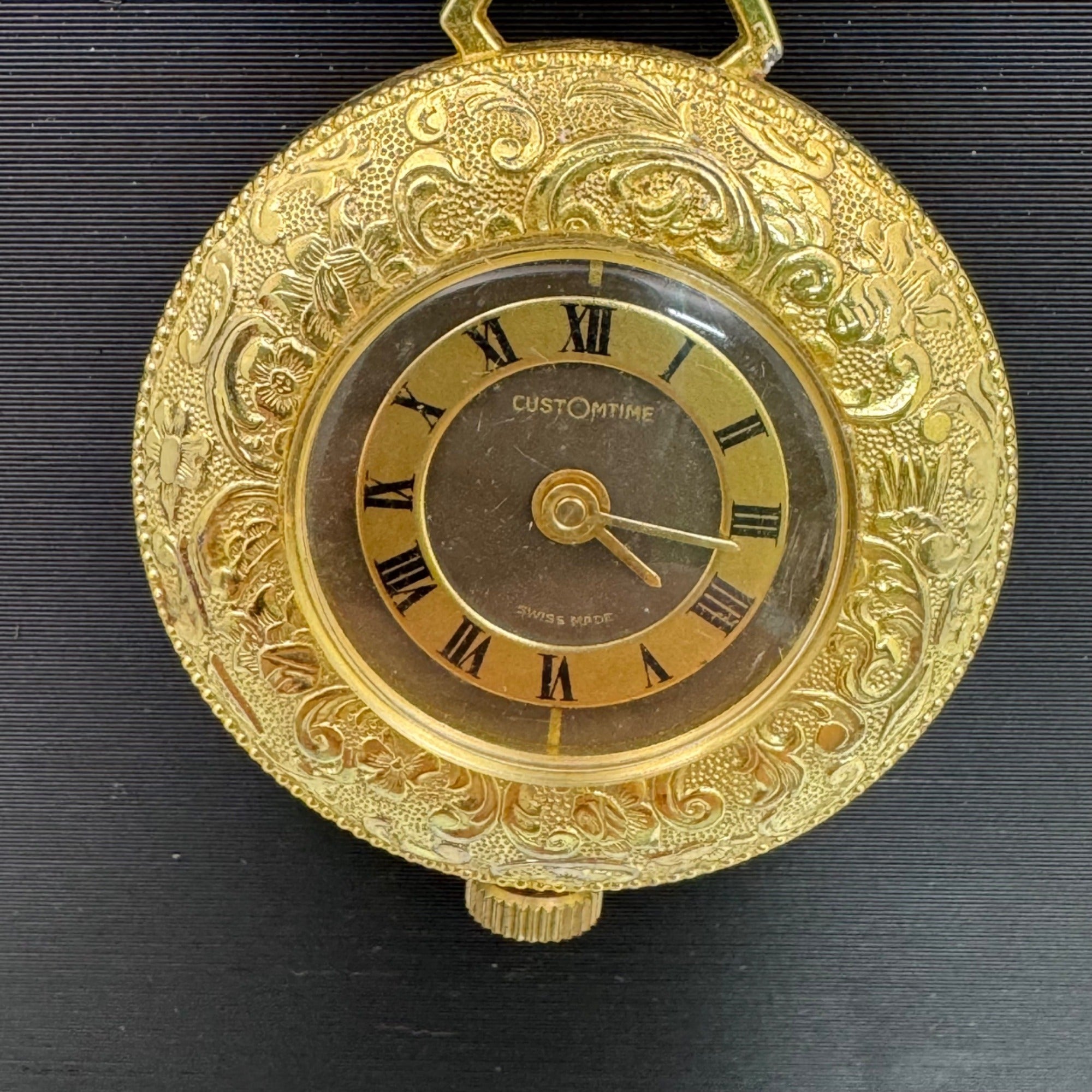 Vtg CustOmTime Pendant Necklace Watch 34mm Brown Dial Gold Tone Manual Wind 24"
