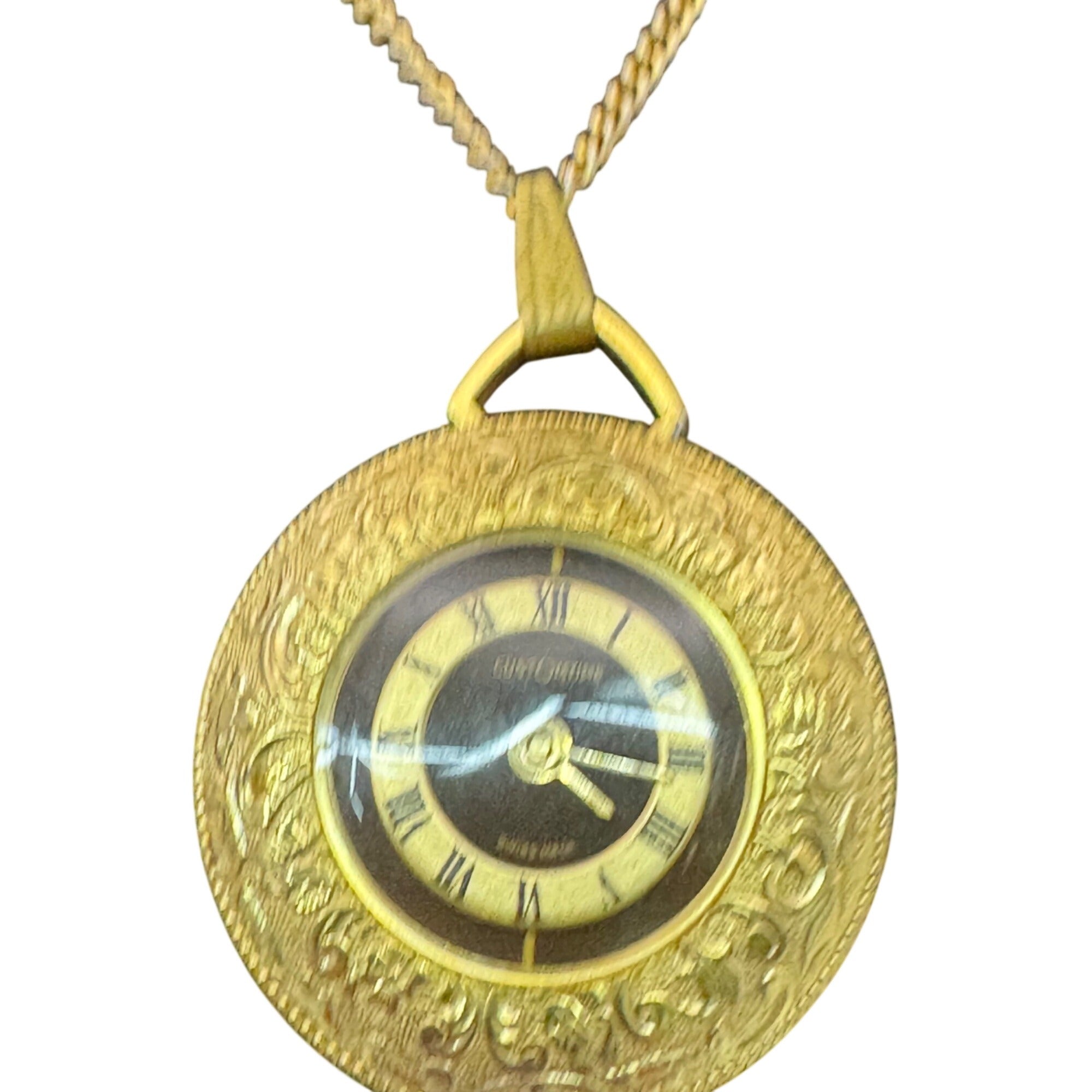 Vtg CustOmTime Pendant Necklace Watch 34mm Brown Dial Gold Tone Manual Wind 24"