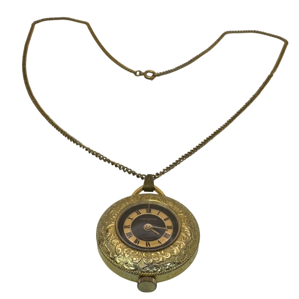 Vtg CustOmTime Pendant Necklace Watch 34mm Brown Dial Gold Tone Manual Wind 24"