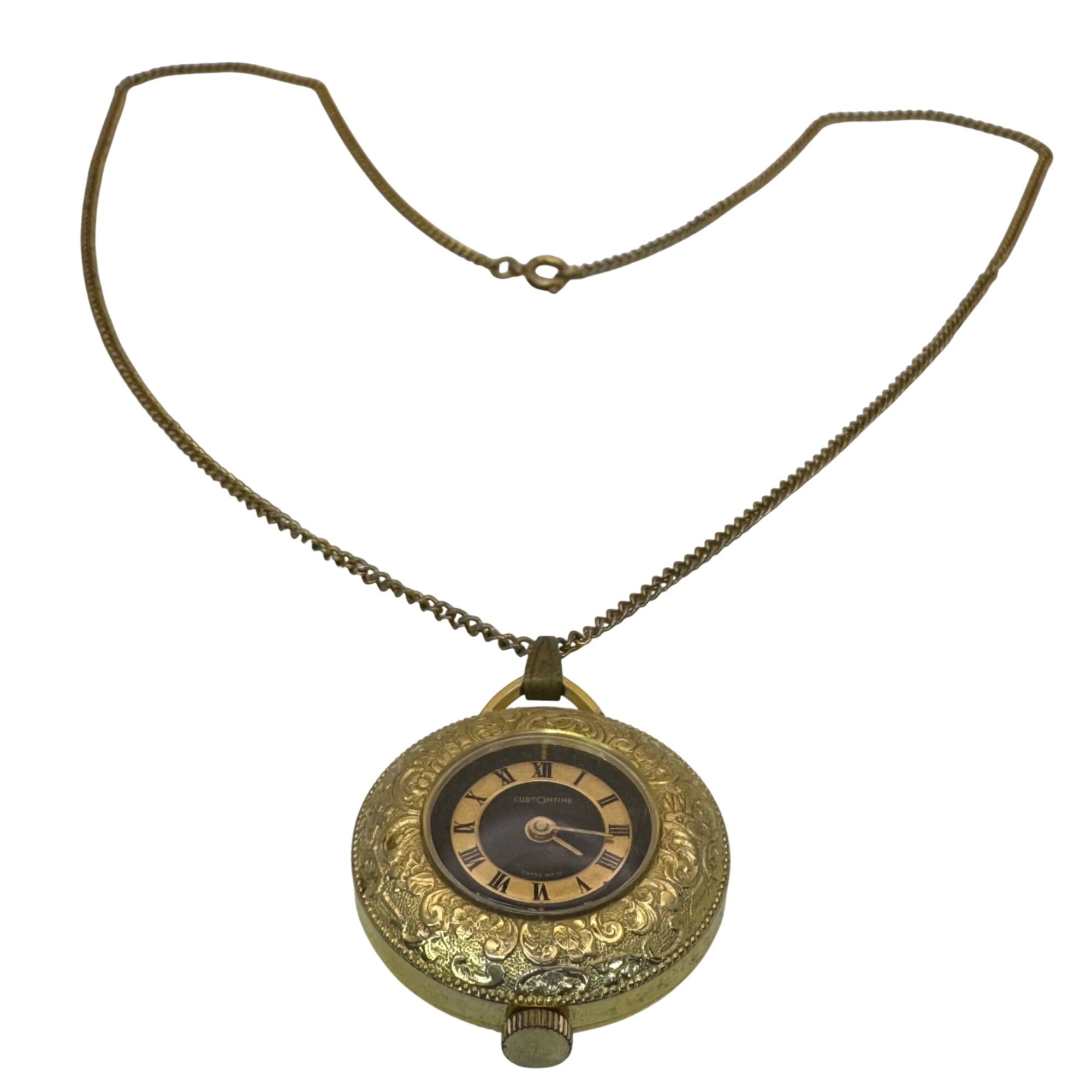 Vtg CustOmTime Pendant Necklace Watch 34mm Brown Dial Gold Tone Manual Wind 24"
