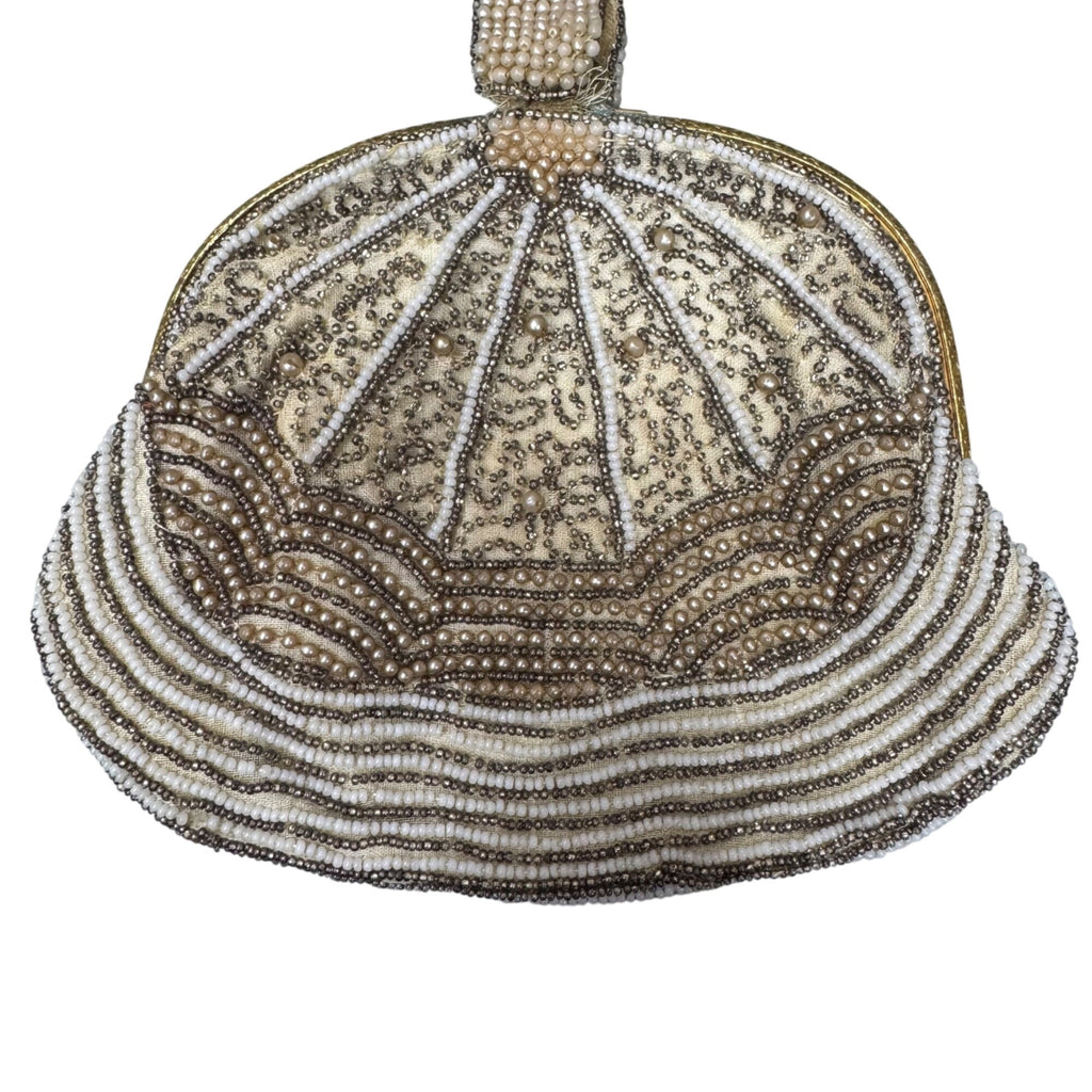 Vintage Hand-Beaded Clutch Purse Art Deco Flapper Pearl & Gold Tone Evening Bag