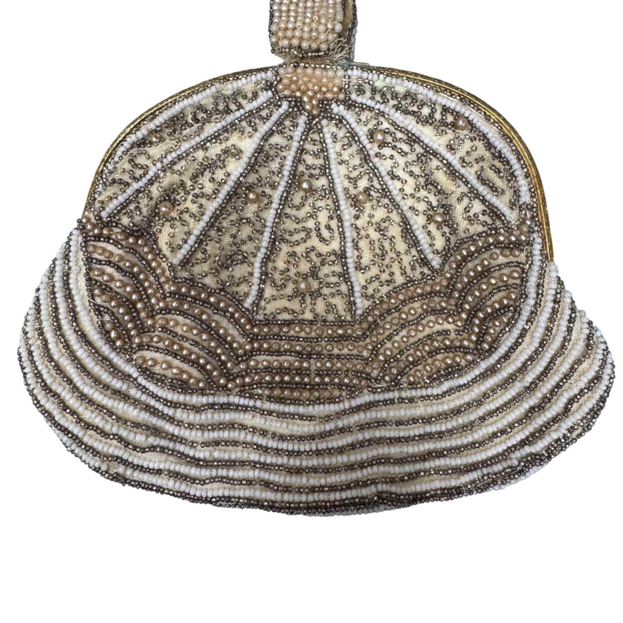 Vintage Hand-Beaded Clutch Purse Art Deco Flapper Pearl & Gold Tone Evening Bag