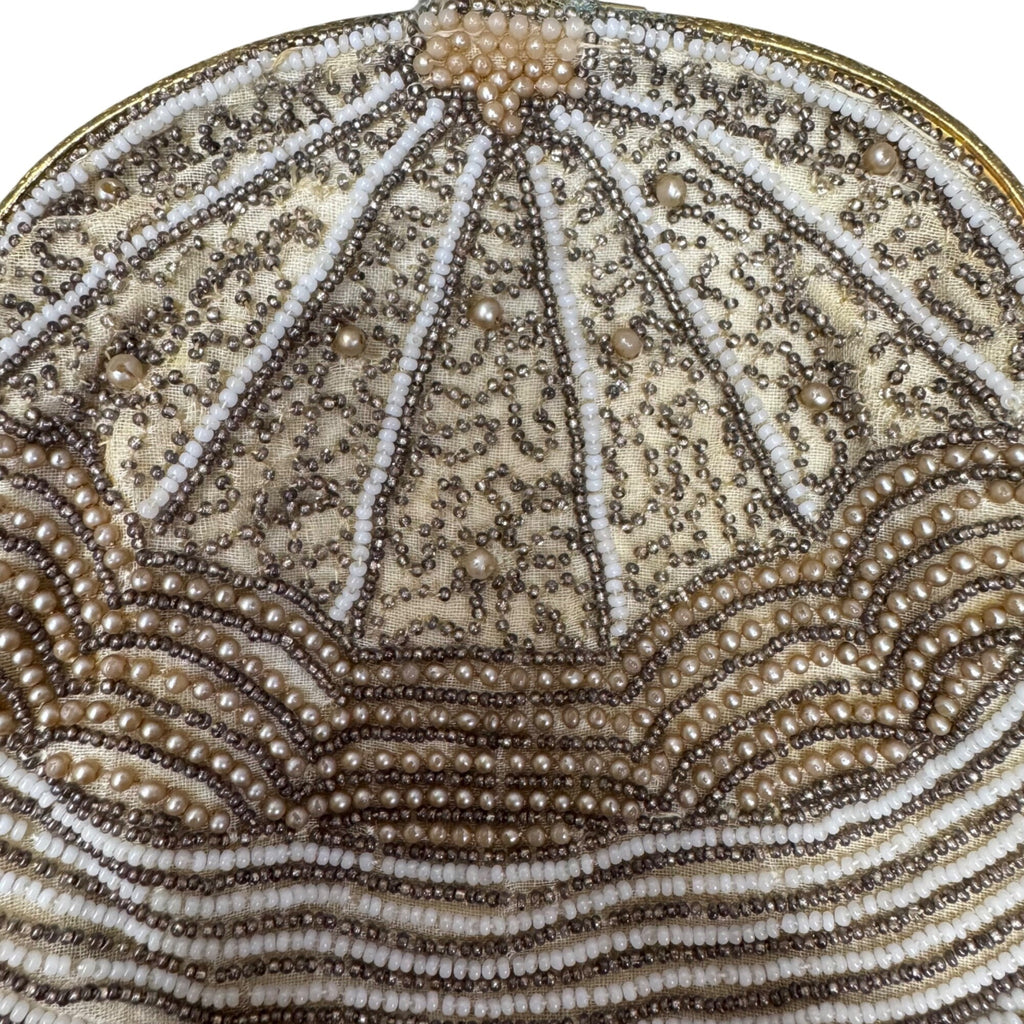 Vintage Hand-Beaded Clutch Purse Art Deco Flapper Pearl & Gold Tone Evening Bag