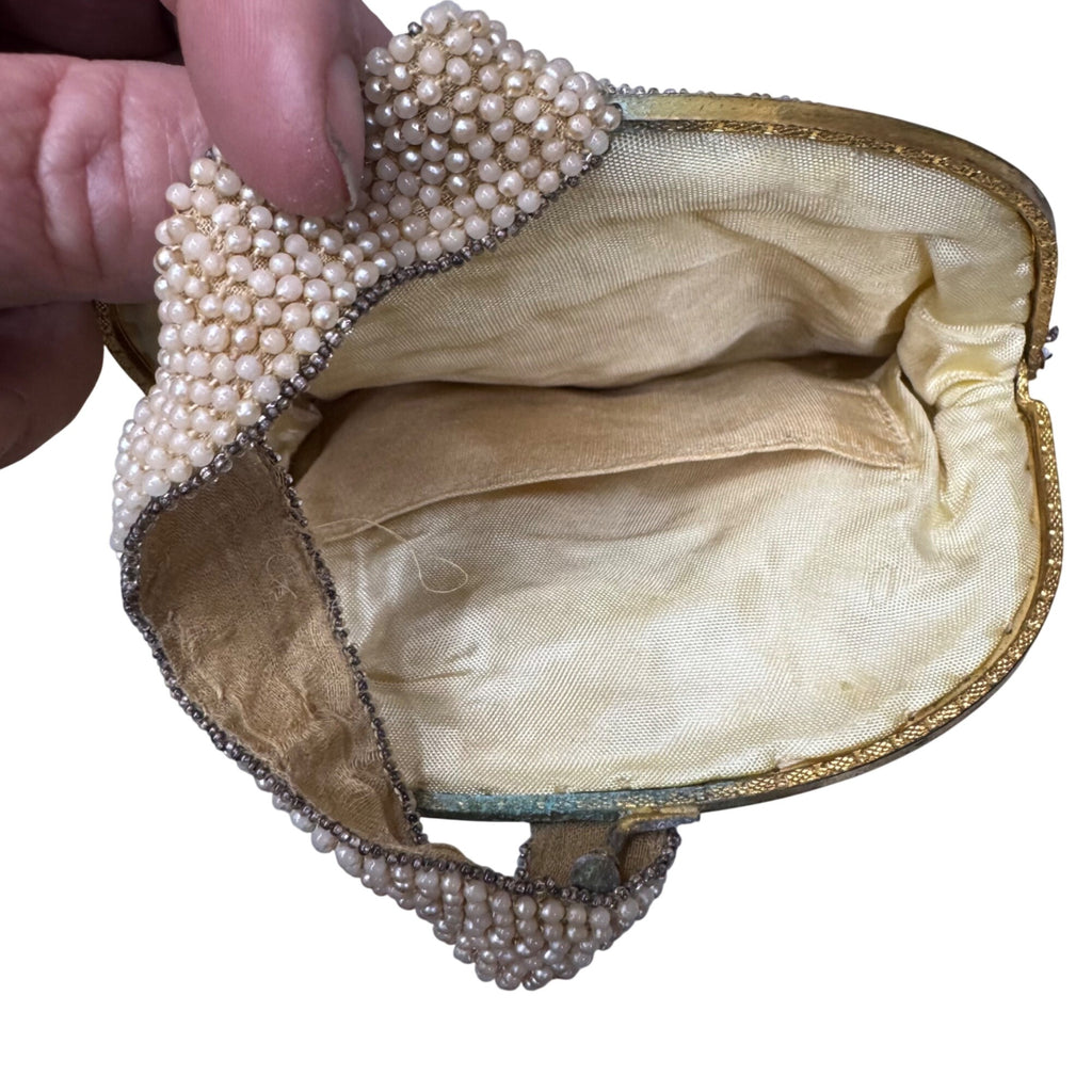 Vintage Hand-Beaded Clutch Purse Art Deco Flapper Pearl & Gold Tone Evening Bag