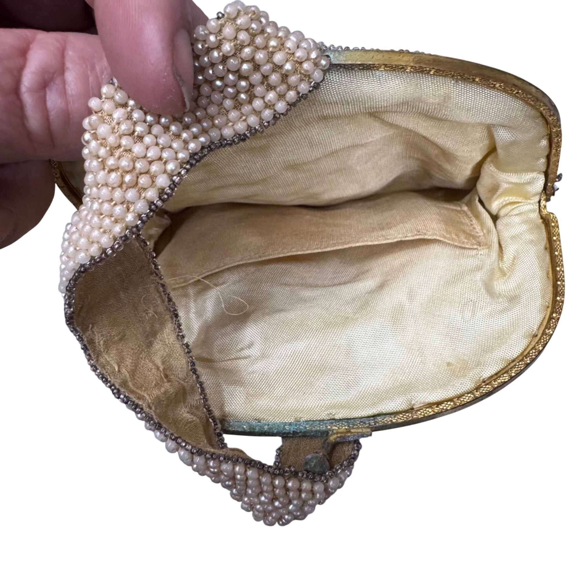 Vintage Hand-Beaded Clutch Purse Art Deco Flapper Pearl & Gold Tone Evening Bag