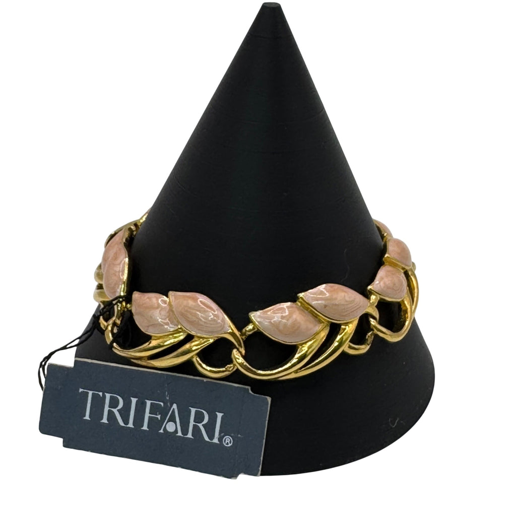 Vintage Trifari Gold-Tone Leaf Bracelet Laurel Pink Enamel 7" Signed New w/ Tag