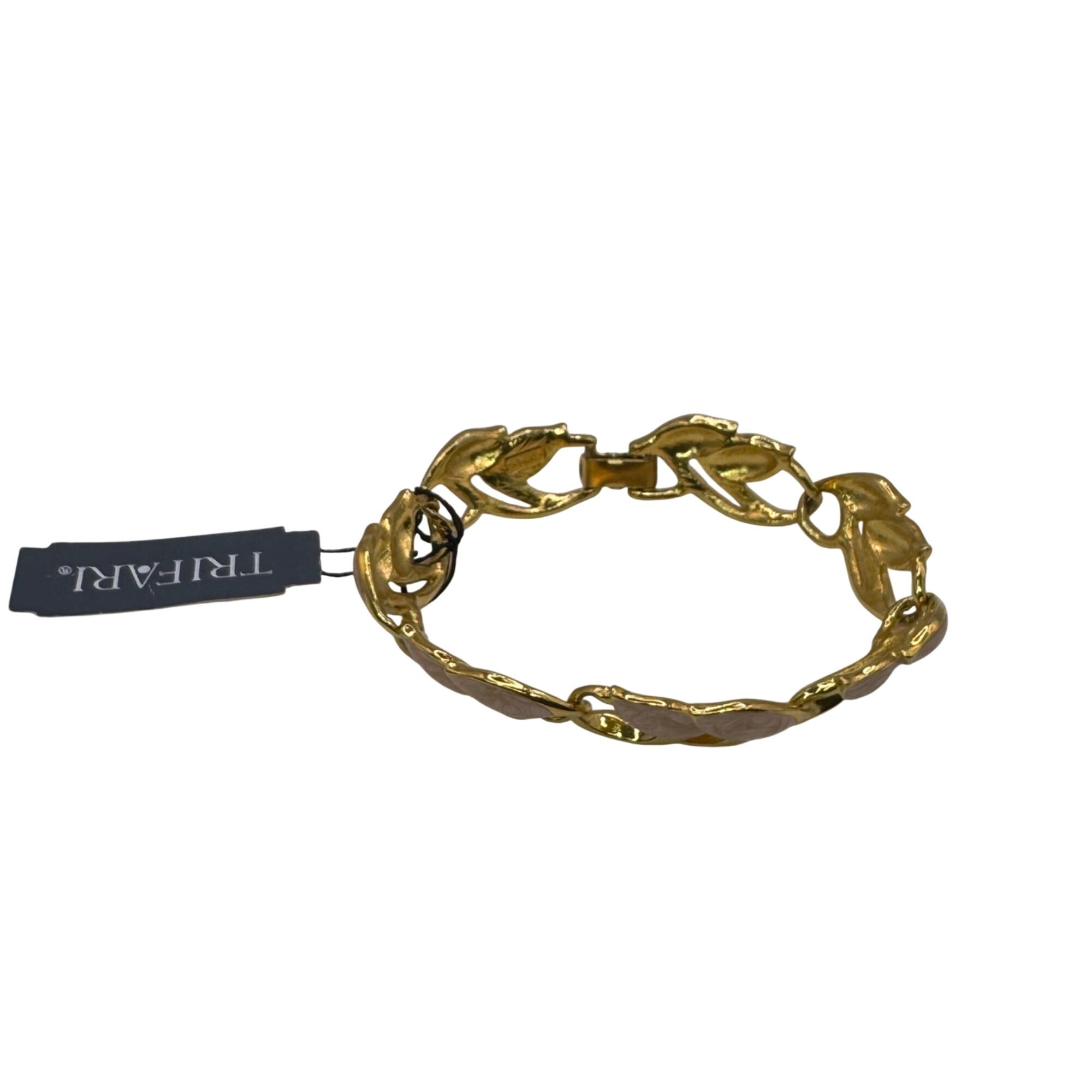Vintage Trifari Gold-Tone Leaf Bracelet Laurel Pink Enamel 7" Signed New w/ Tag