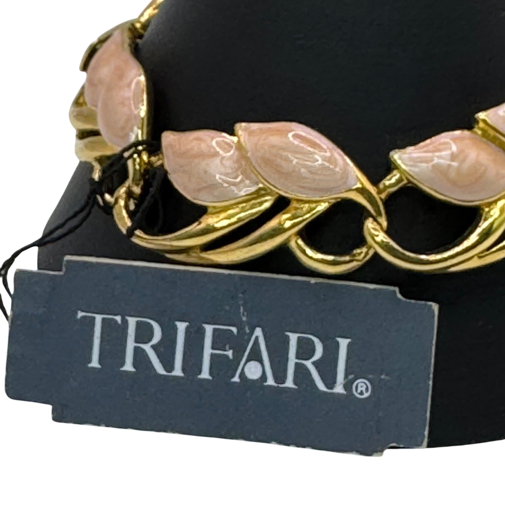 Vintage Trifari Gold-Tone Leaf Bracelet Laurel Pink Enamel 7" Signed New w/ Tag