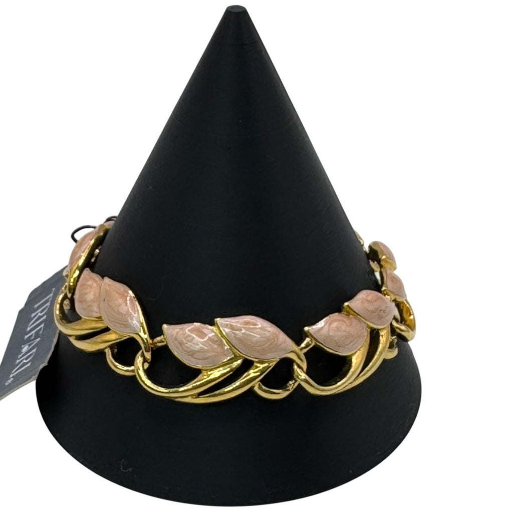 Vintage Trifari Gold-Tone Leaf Bracelet Laurel Pink Enamel 7" Signed New w/ Tag