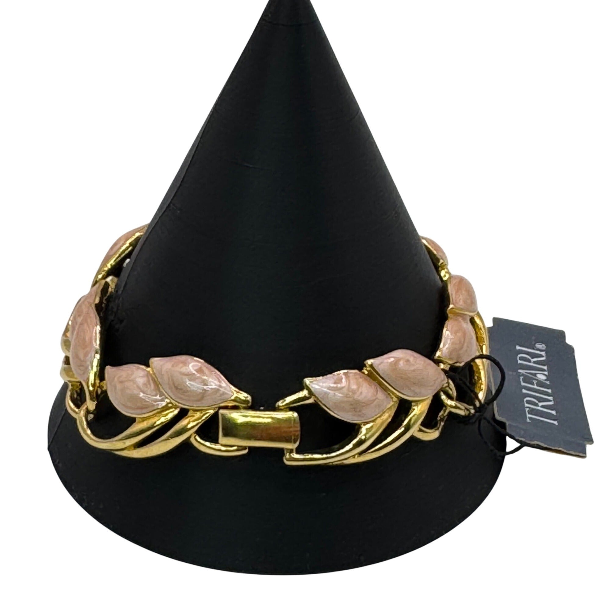 Vintage Trifari Gold-Tone Leaf Bracelet Laurel Pink Enamel 7" Signed New w/ Tag