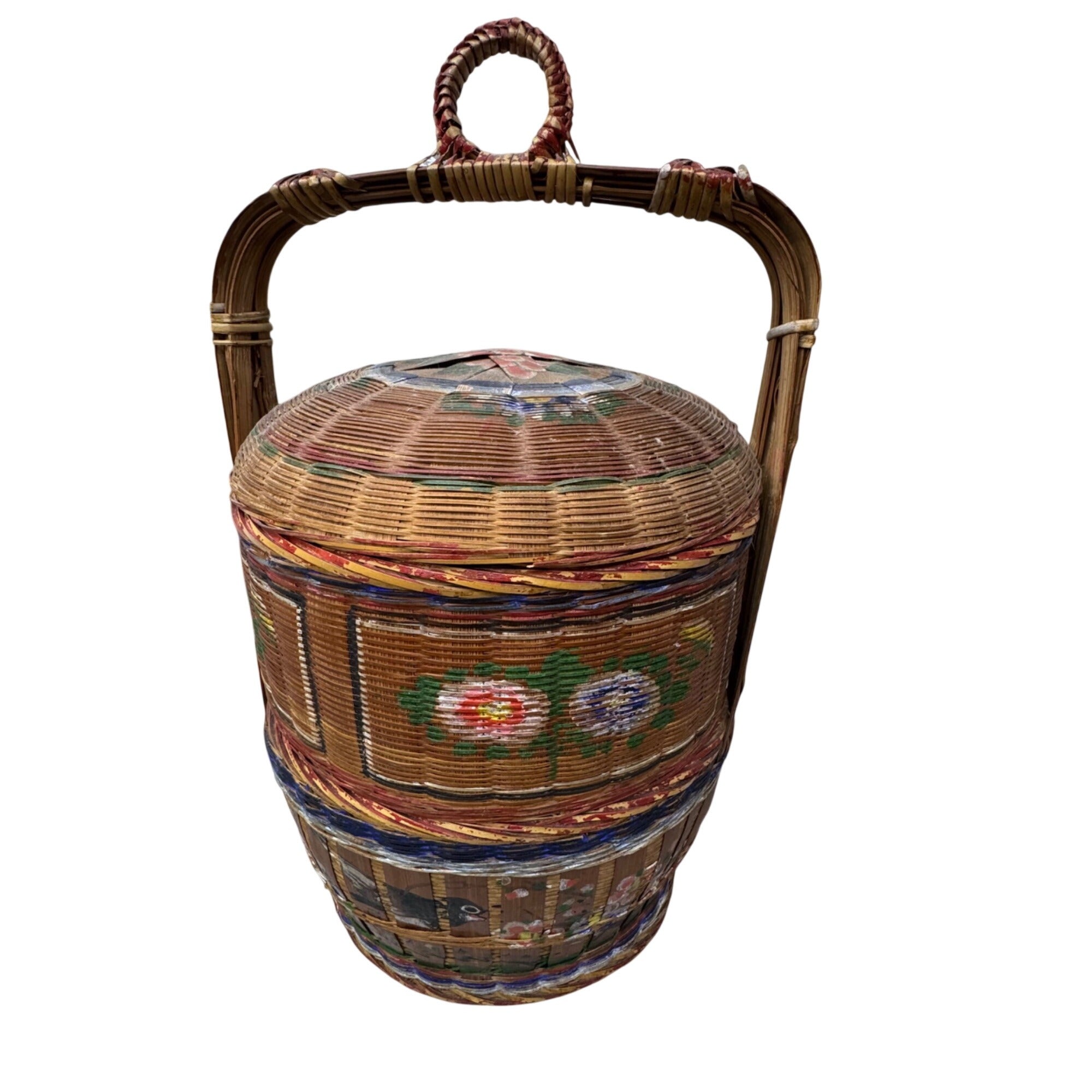 Vtg Chinese Lacquer Wedding Basket Handle 3 Tier Food Carrier 18" Hand Painted