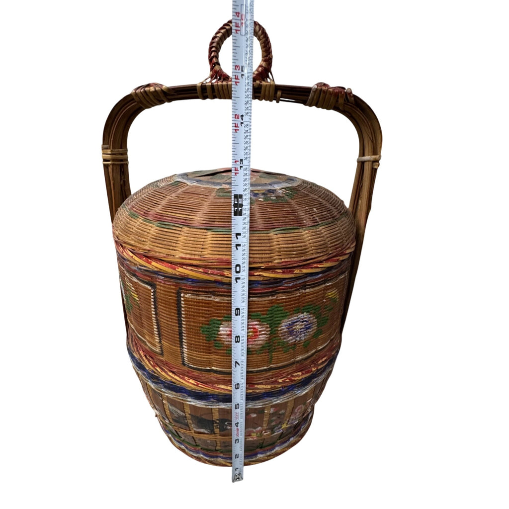 Vtg Chinese Lacquer Wedding Basket Handle 3 Tier Food Carrier 18" Hand Painted