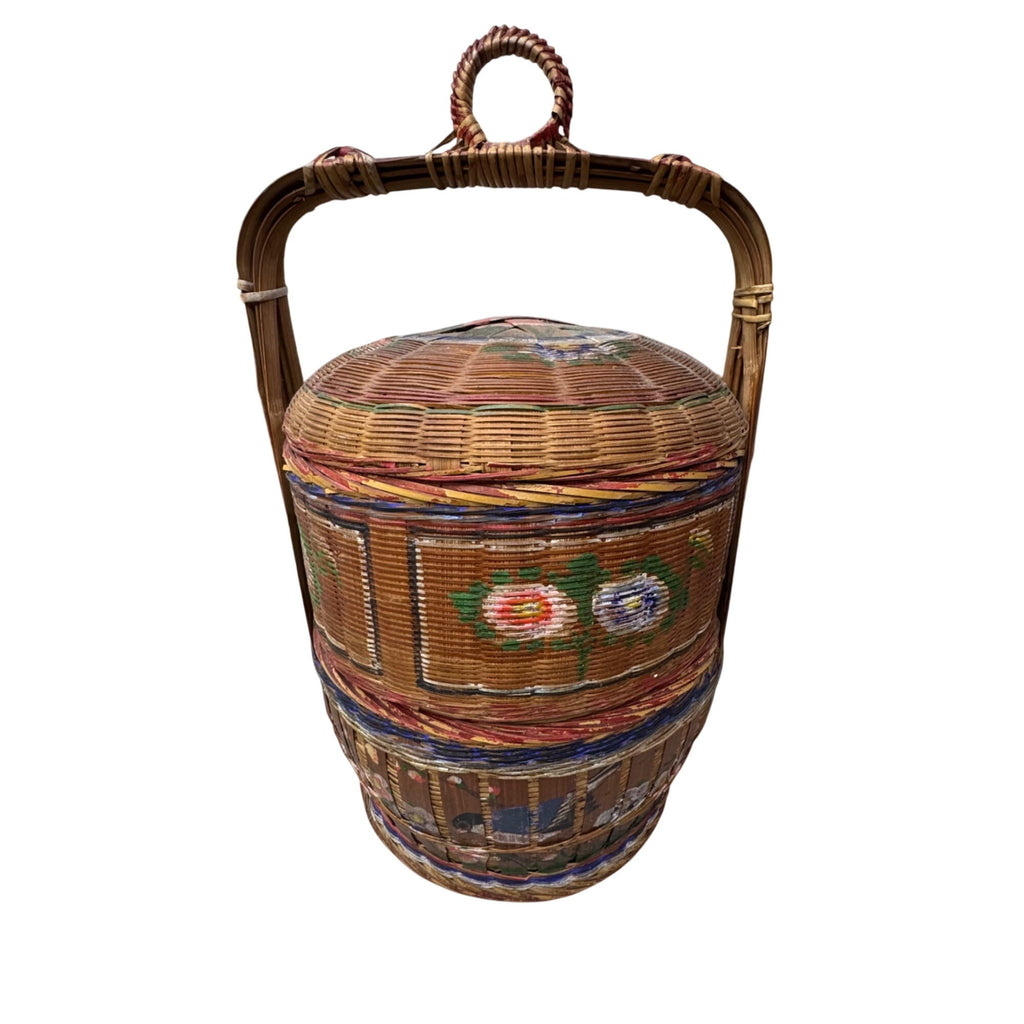 Vtg Chinese Lacquer Wedding Basket Handle 3 Tier Food Carrier 18" Hand Painted