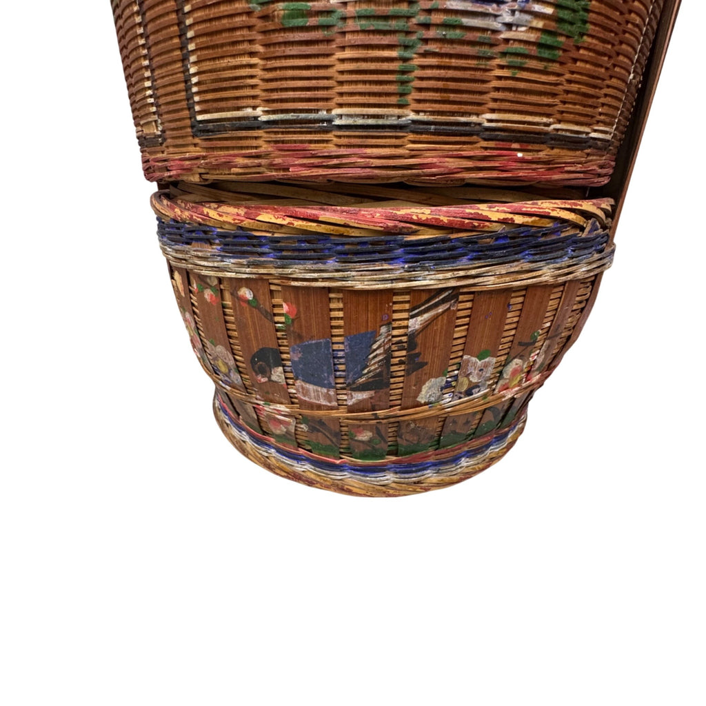 Vtg Chinese Lacquer Wedding Basket Handle 3 Tier Food Carrier 18" Hand Painted