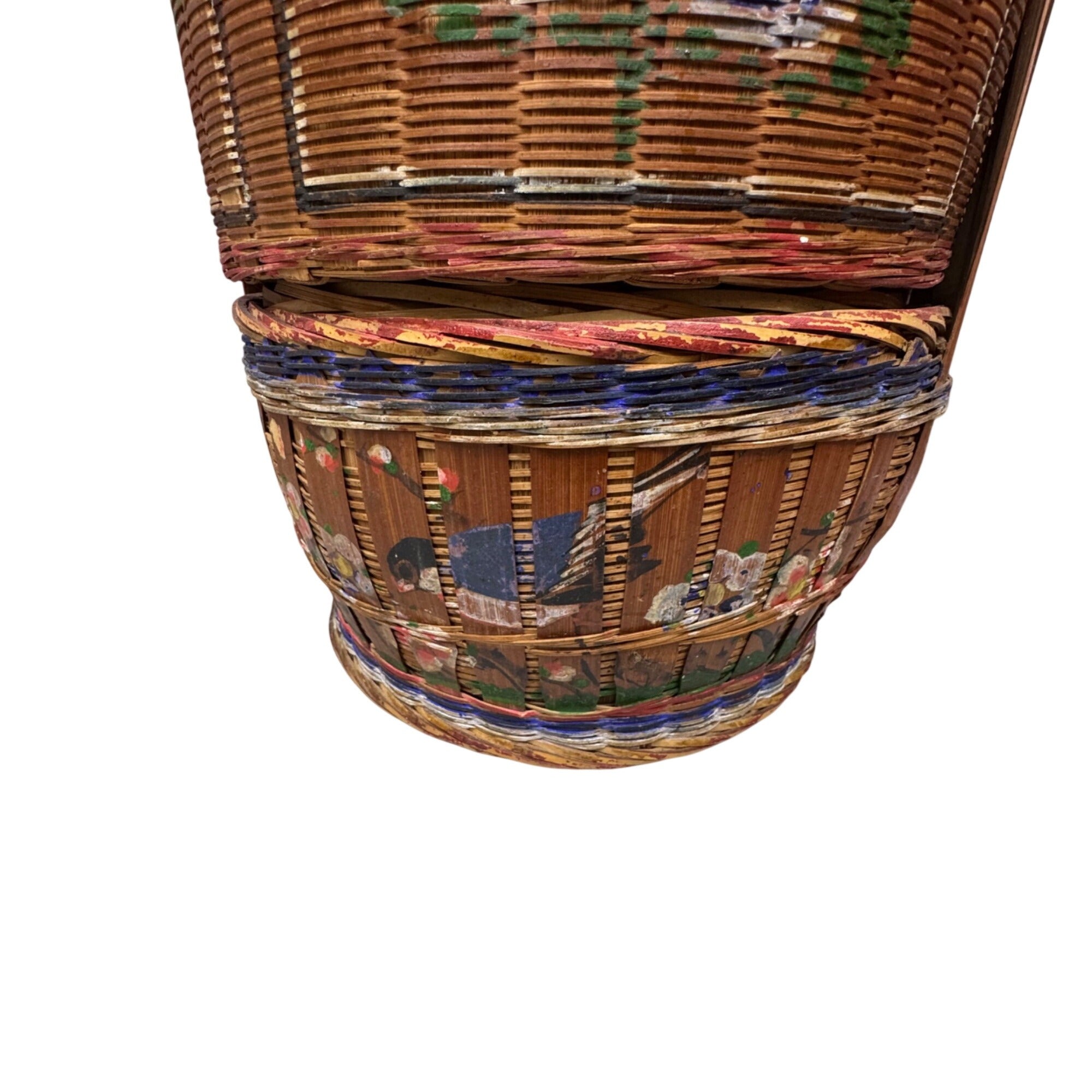 Vtg Chinese Lacquer Wedding Basket Handle 3 Tier Food Carrier 18" Hand Painted