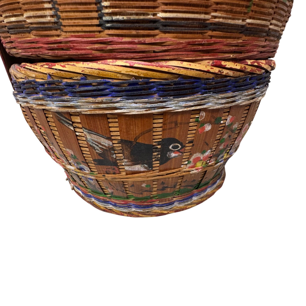Vtg Chinese Lacquer Wedding Basket Handle 3 Tier Food Carrier 18" Hand Painted