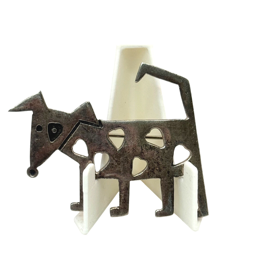 Sterling Silver Heart Dog Brooch Cutouts Handmade In Mexico Stamped .925 Terrier
