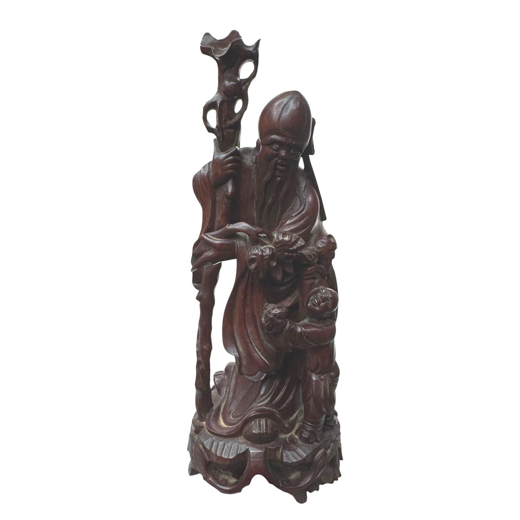 Shou Lao Hand-Carved Wooden Statue W/ Staff & Children 12" Shouxing Daoist READ