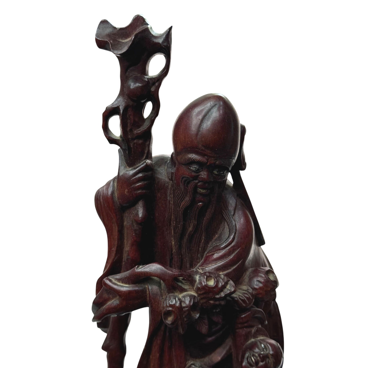 Shou Lao Hand-Carved Wooden Statue W/ Staff & Children 12" Shouxing Daoist READ