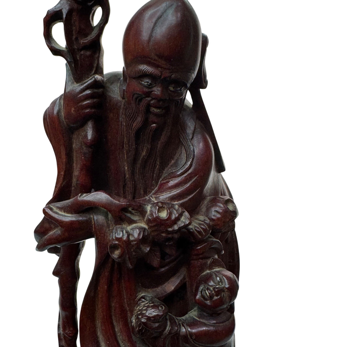 Shou Lao Hand-Carved Wooden Statue W/ Staff & Children 12" Shouxing Daoist READ