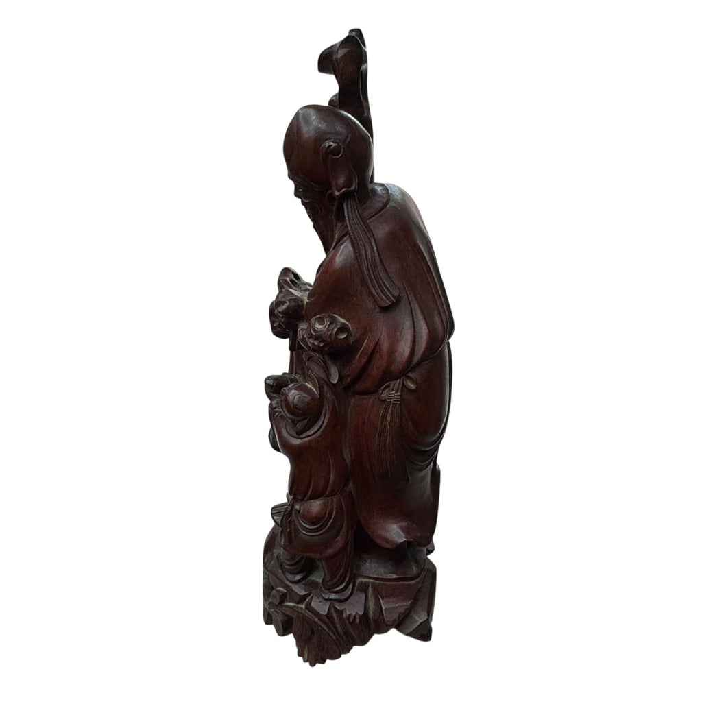 Shou Lao Hand-Carved Wooden Statue W/ Staff & Children 12" Shouxing Daoist READ
