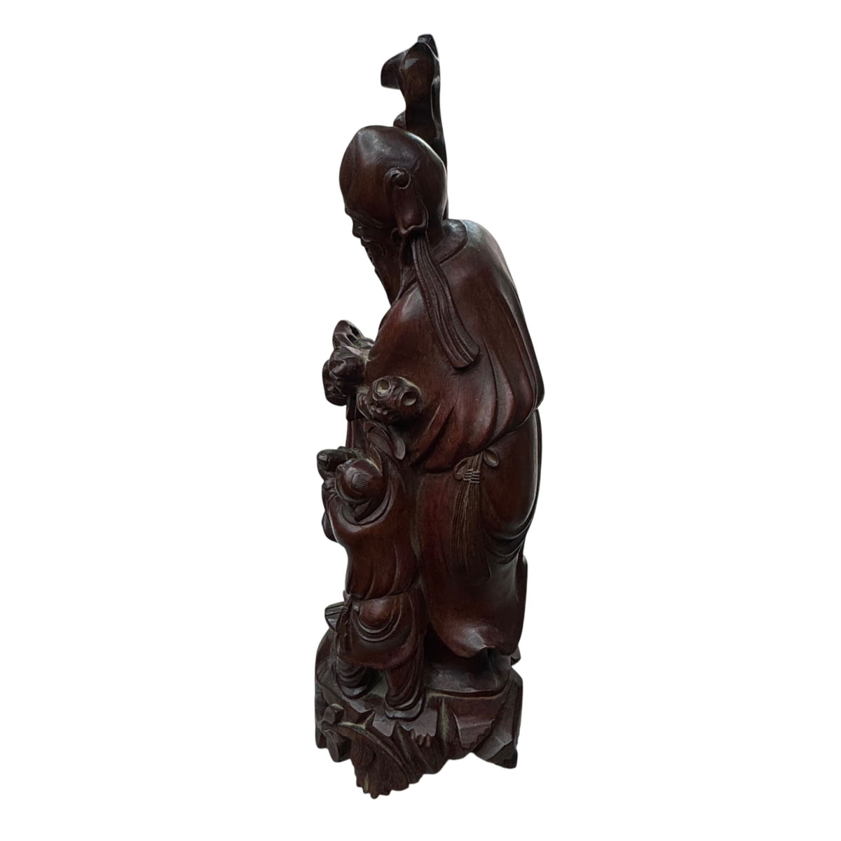 Shou Lao Hand-Carved Wooden Statue W/ Staff & Children 12" Shouxing Daoist READ