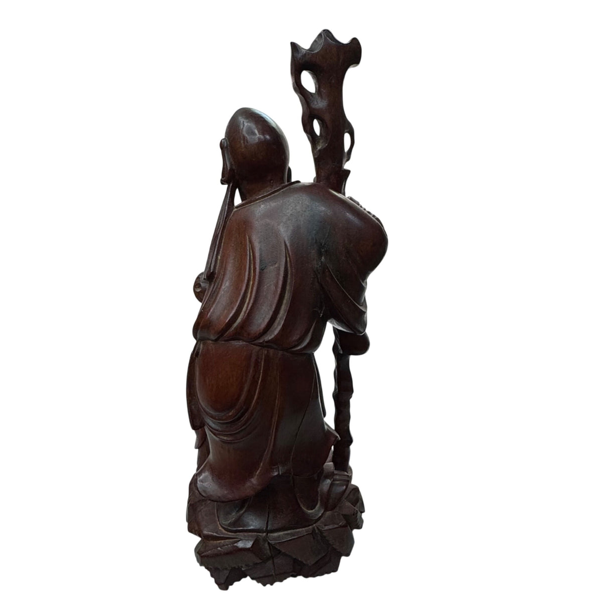 Shou Lao Hand-Carved Wooden Statue W/ Staff & Children 12" Shouxing Daoist READ