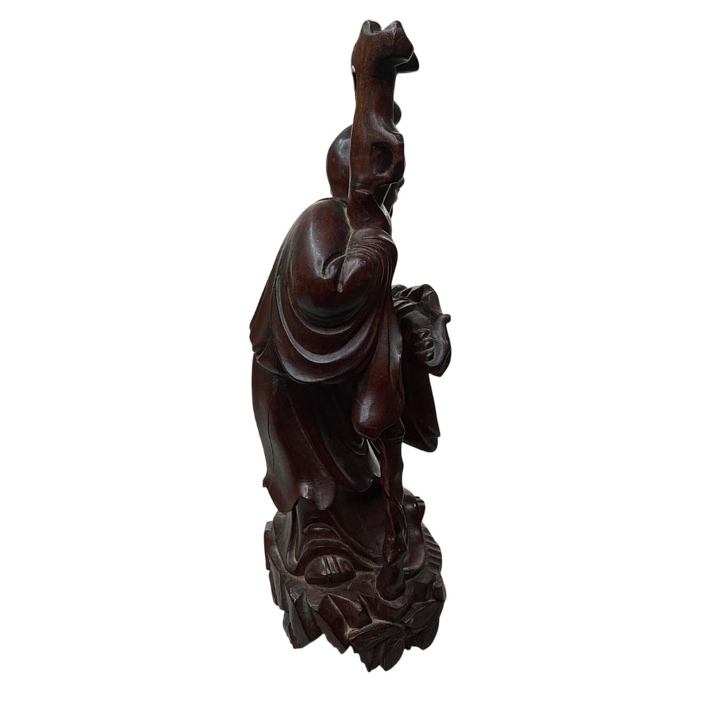 Shou Lao Hand-Carved Wooden Statue W/ Staff & Children 12" Shouxing Daoist READ