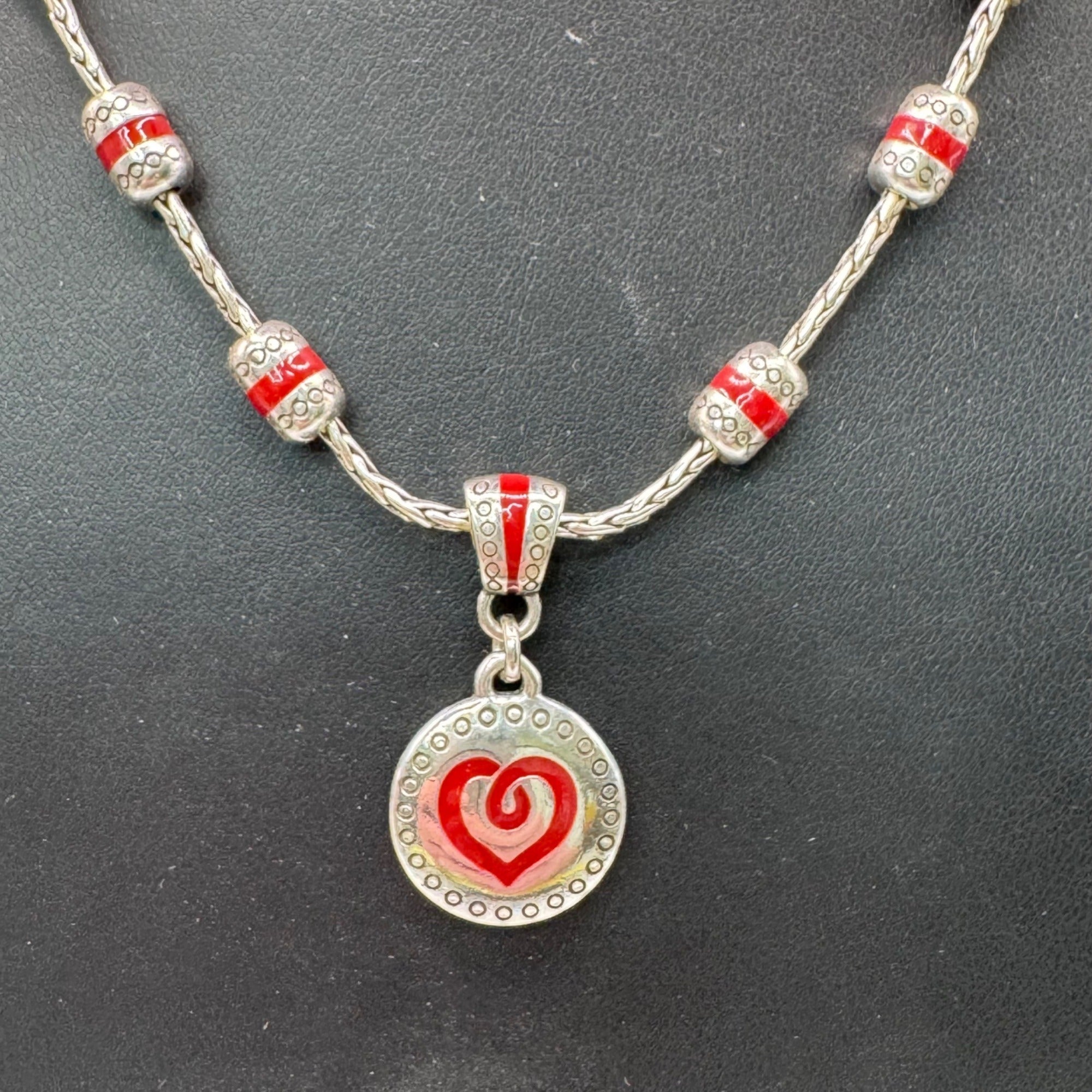 Brighton Red Silver Heart Pendant Necklace Enamel Bead 18" Boho Y2K RARE Retired