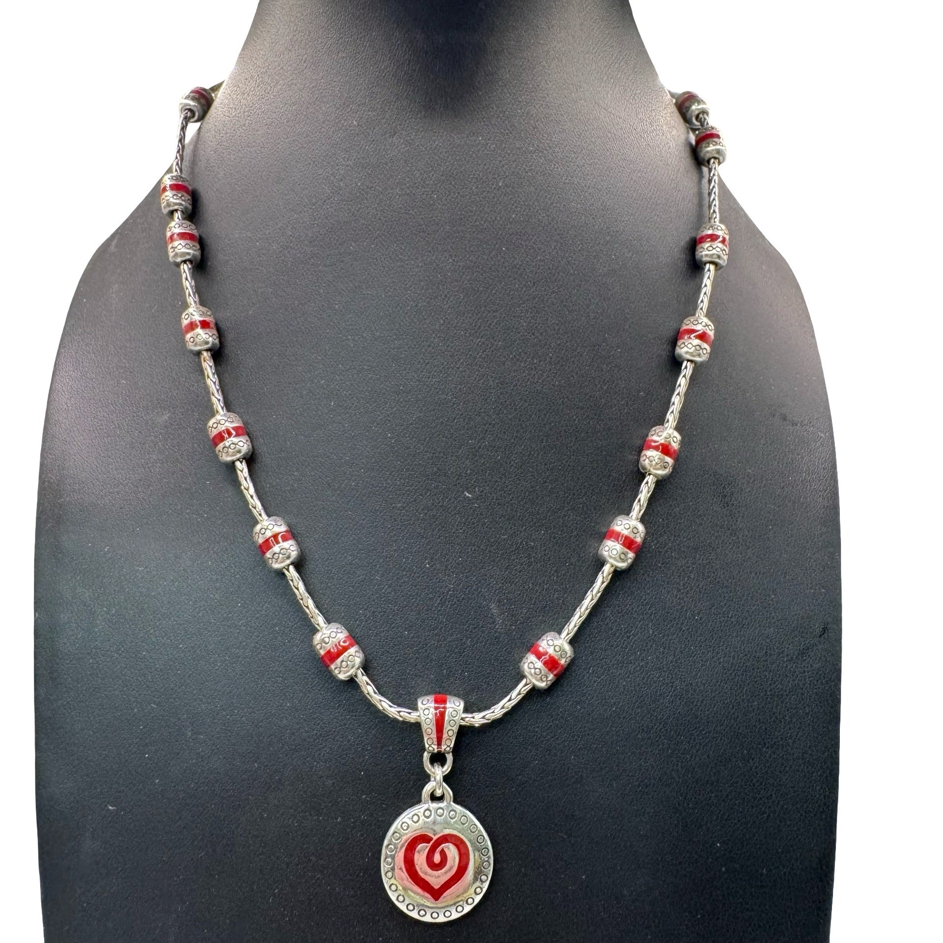 Brighton Red Silver Heart Pendant Necklace Enamel Bead 18" Boho Y2K RARE Retired